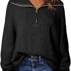Women's Casual 1/4 Zip knit Pullover Polo sweater, V Neck Long Black, Size Large